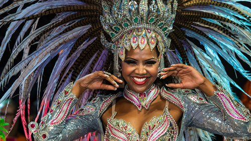 Brazilian woman in a traditional bright dress and headgear for Carnival