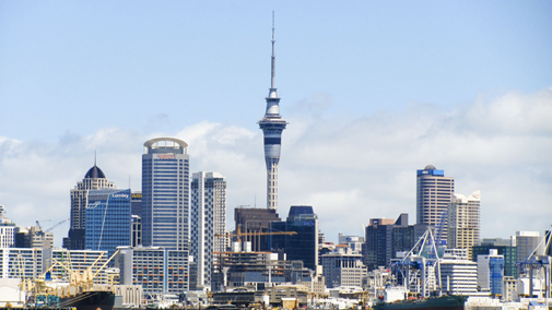 Skyline of the buildings in Auckland, New Zealand.