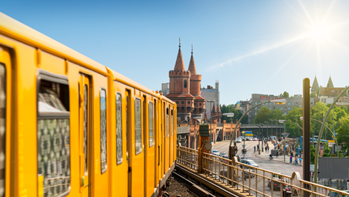 Yellow train passing through Berlin in Germany
