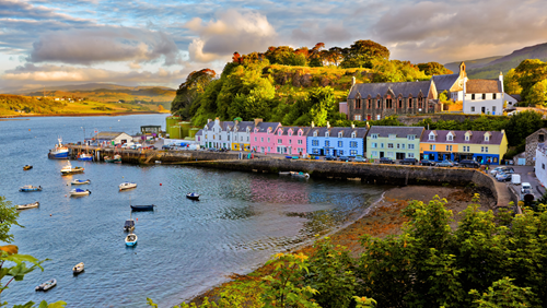 Iconic colourful harbour houses on the Isle of Skye.