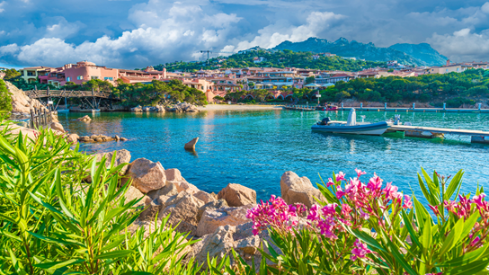 View of the harbour and town of Porto Cervo on the island of Sardinia, Italy.