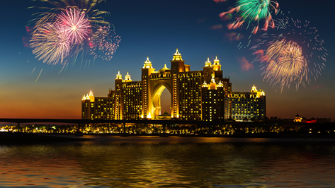Fireworks going off over the Atlantis Hotel in Dubai, UAE.