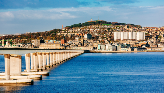 The Tay Road Bridge leading to the city of Dundee.