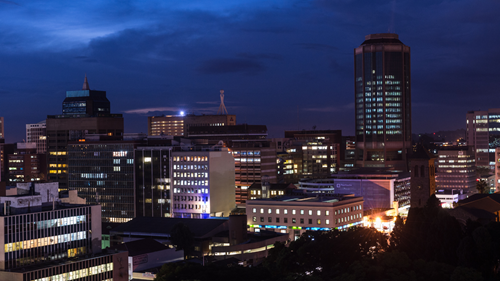 Dusk view of downtown Harare, Zimbabwe