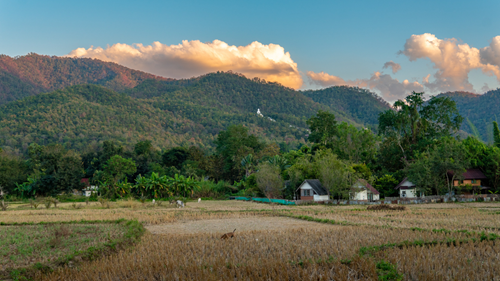 Field and small huts under tall forested mountains in Pai, Thailand.