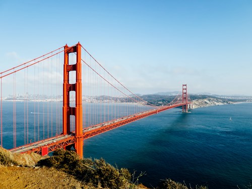 Red iron bridge of San Francisco in the USA.