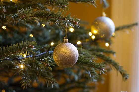 Gold baubles hanging on a Christmas tree with lights