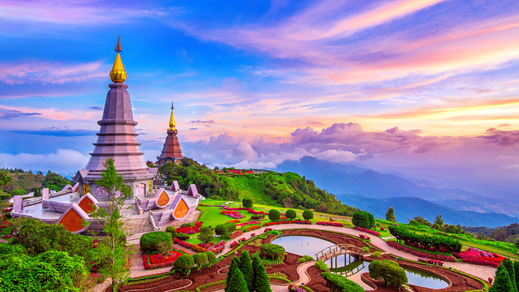 Iconic Pagoda at sunrise in the national park at Chiang Mai, Thailand.