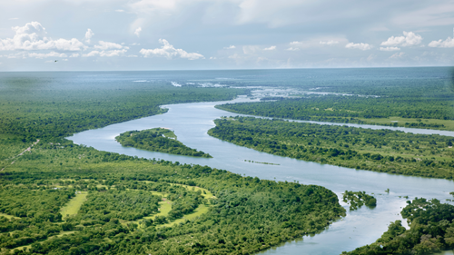 Green countryside on either side of the Zambezi River in Zimbabwe.
