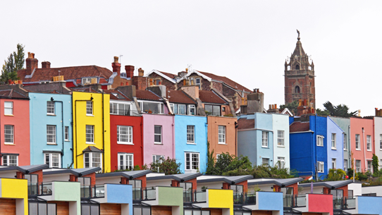 Colourful terraced houses in Bristol, England.