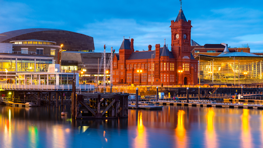 Cardiff Bay during evening hours in Wales.