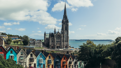 View of St. Colman's Cathedral in Cobh, Ireland from the water.