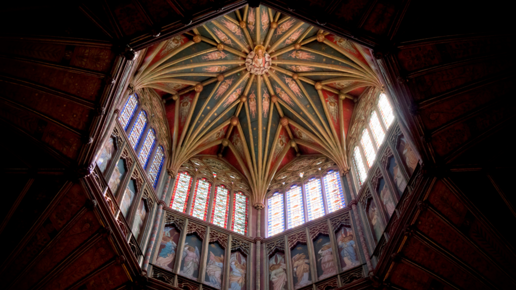 A view up into the lantern at the top of the Octagon tower in Ely Cathedral.
