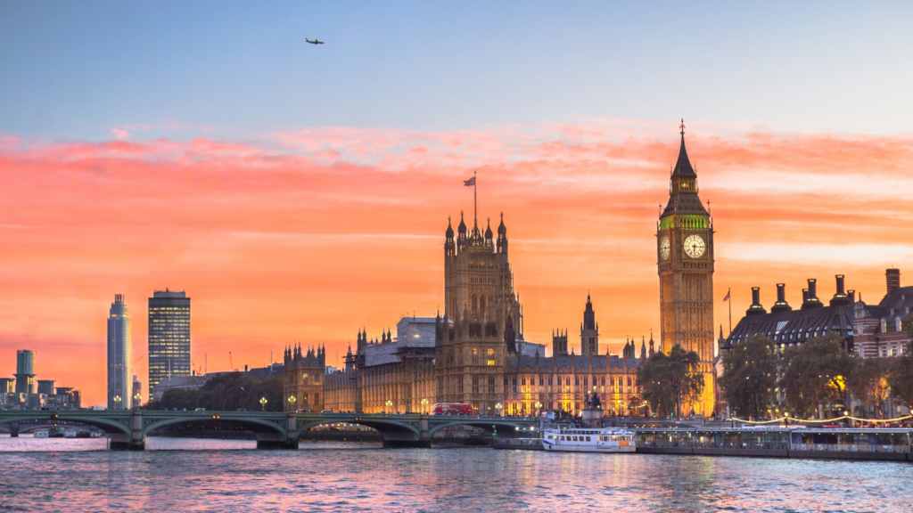 View of Big Ben and the Thames, London, at dusk