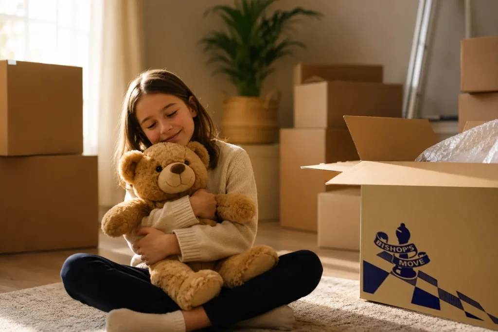 A child reunited with a cherished teddy bear after a move, highlighting the emotional care involved in removals.