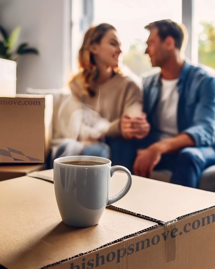 A steaming mug of coffee on a Bishop's Move box, signifying the peaceful completion of a move.